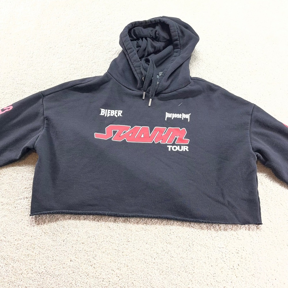 H&M Justin Bieber Hoodie Womens Medium Black Purpose Tour Stadium Cropped - Picture 10 of 13